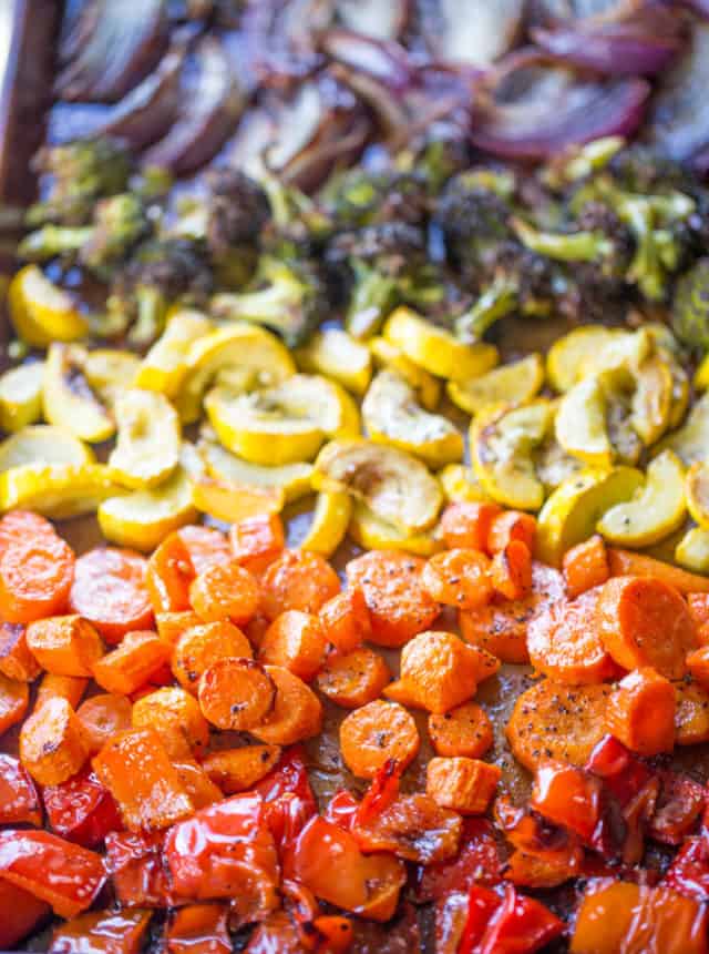 Rainbow Roasted Vegetables are the perfect way to enjoy eating healthy, colorful vegetables for adults and kids! Makes a perfect side for quick meals or dinner parties where you want to impress!